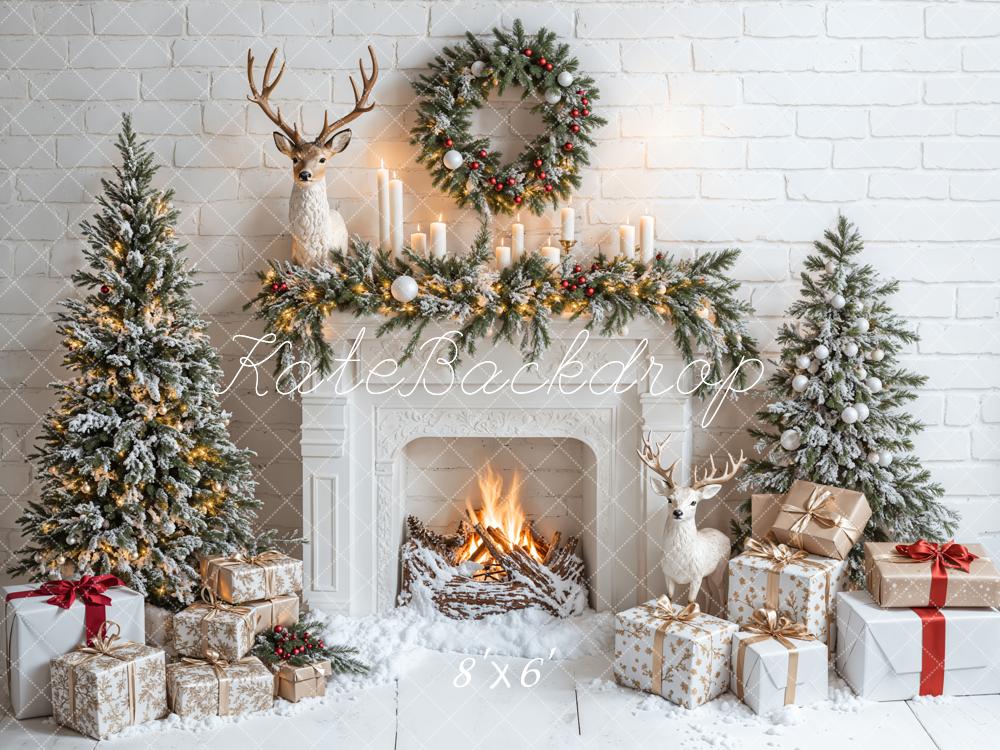 Kate Christmas White Fireplace Gift Tree Backdrop Designed by Emetselch