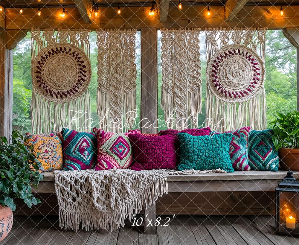 Boho Macrame Patio Bench Pillows Foto Achtergrond Designed by Mini MakeBelieve