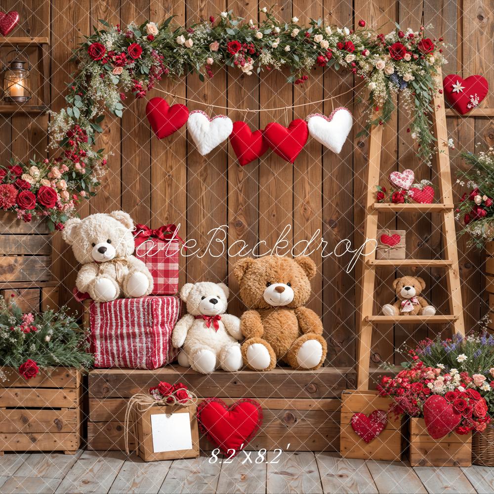 Lightning Deal #1 Kate Valentine's Day Teddy Bear Floral Wood Backdrop Designed by Emetselch