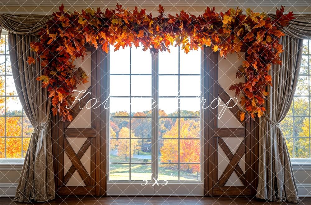 Fall Window Leaf Garland White Barn Door Foto Achtergrond Designed by Mini MakeBelieve