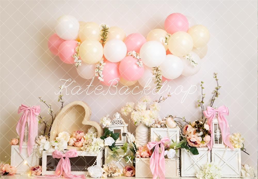 Kate Floral Balloon Heart Pink Bows Backdrop Designed by Megan Leigh Photography