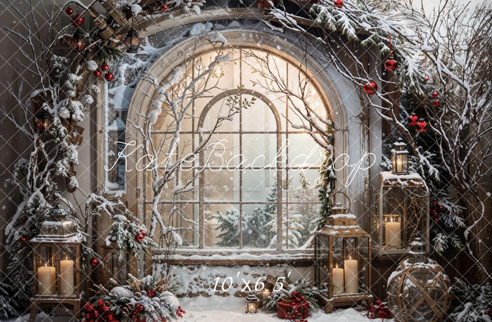 Kate Winter Christmas White Snow Arched Window Backdrop Designed by Emetselch