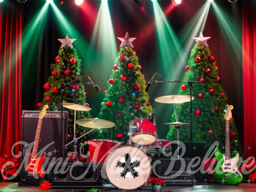 Retro Kerstboom Rock Muziek Podium Foto Achtergrond Designed by Mini MakeBelieve