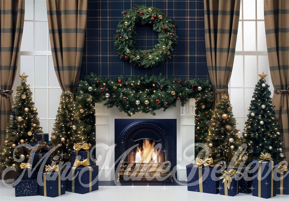 Kate Christmas Colorful Plaid Curtain Blue White Retro Fireplace Backdrop Designed by Mini MakeBelieve