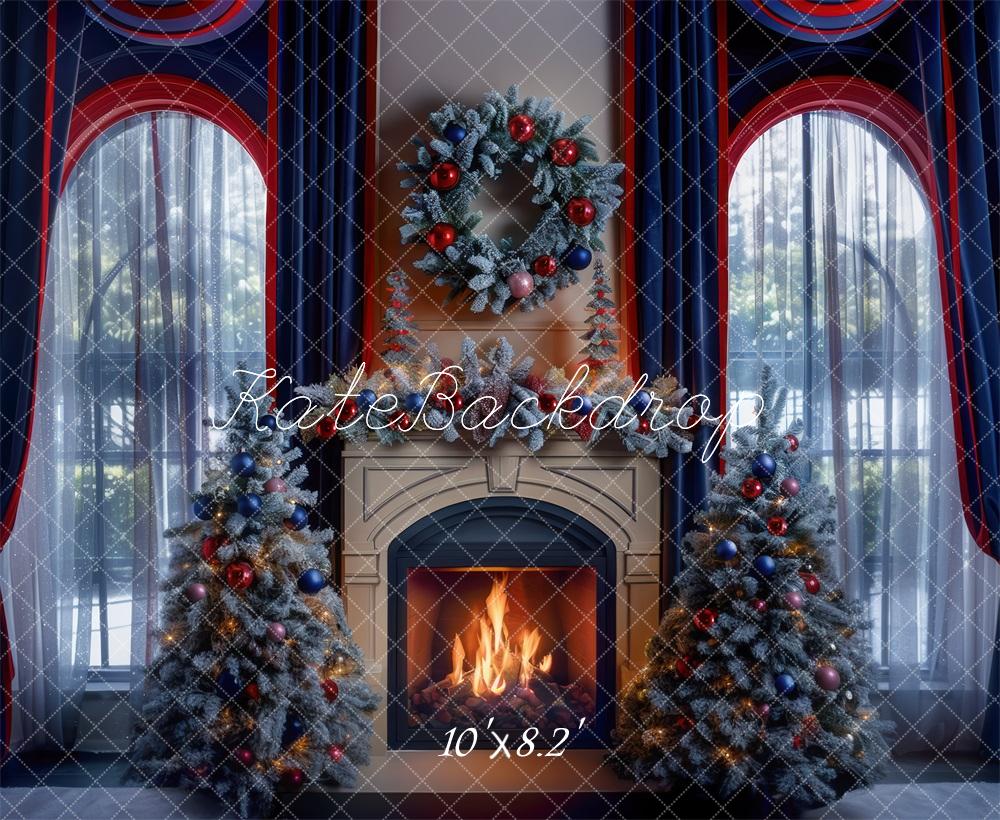 Kate Christmas Navy Red Curtains Fireplace Window Backdrop Designed by Mini MakeBelieve