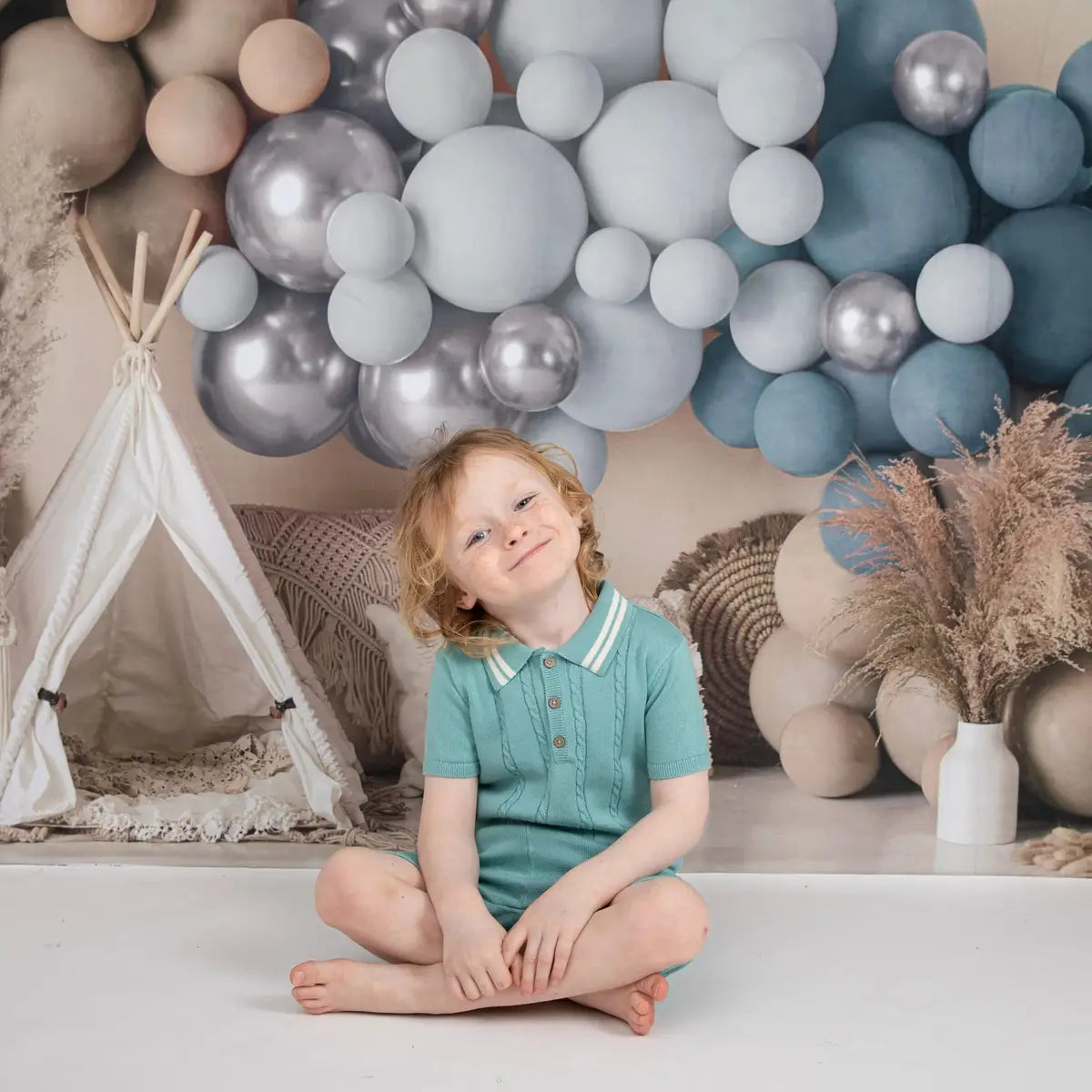 Kate Boho Balloons Tent Backdrop Matte Blue Designed by Mandy Ringe Photography