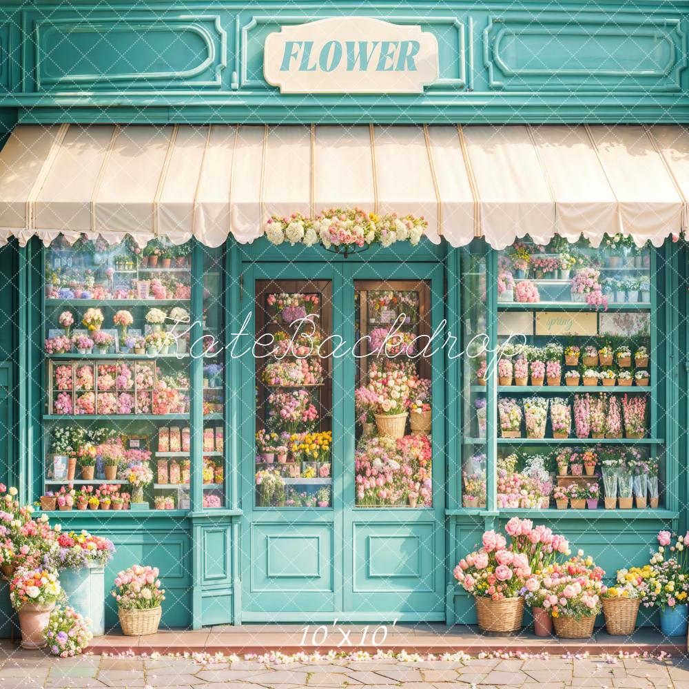 Kate Spring Blue Flower Shop Front Backdrop Designed by Emetselch