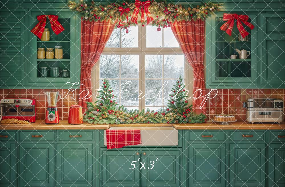 Kate Christmas Kitchen Green Cabinets Red Plaid Curtains Backdrop Designed by Emetselch