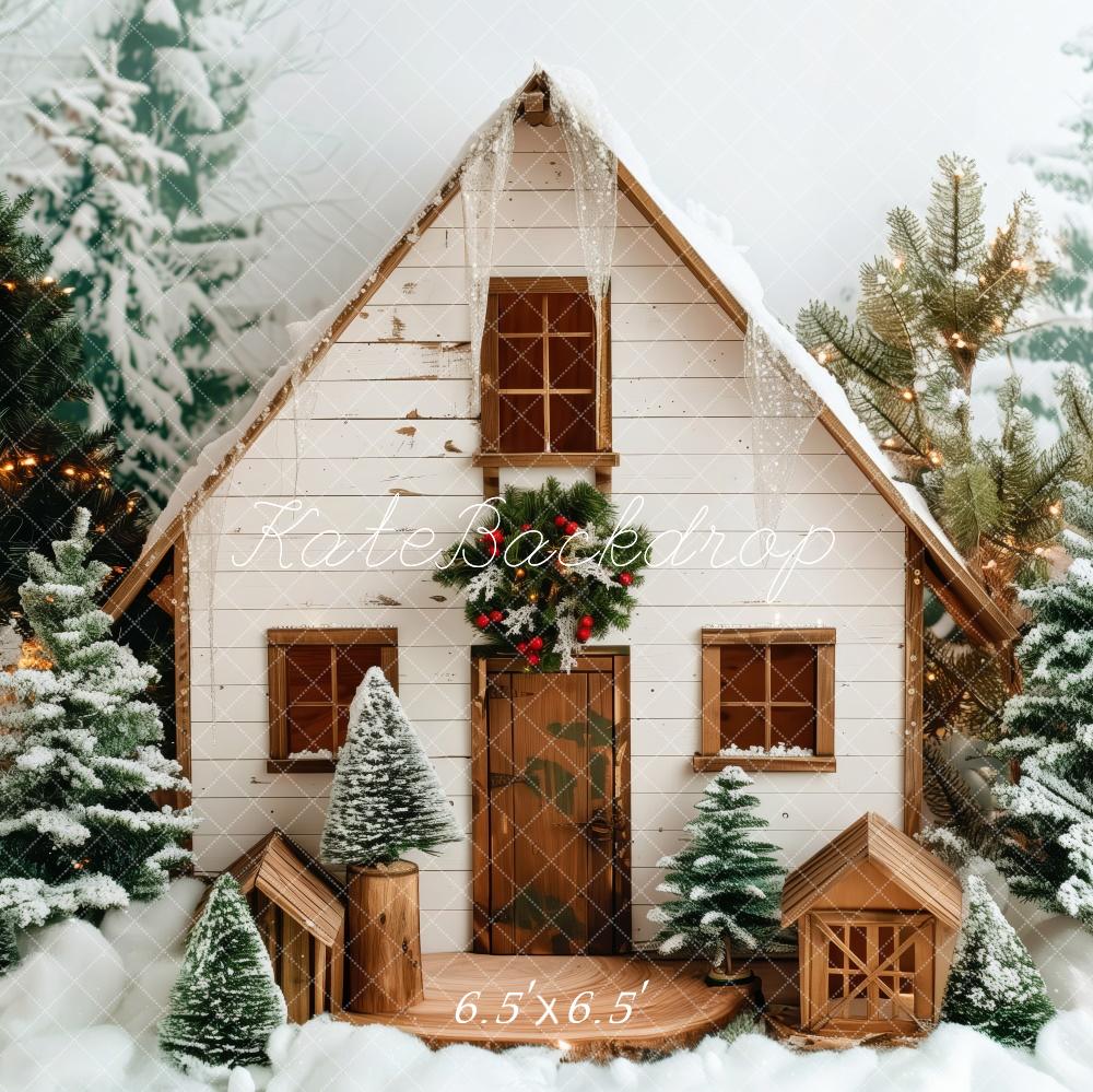 Kate Christmas Snowy White Wooden Cabin Backdrop Designed by Patty Robert