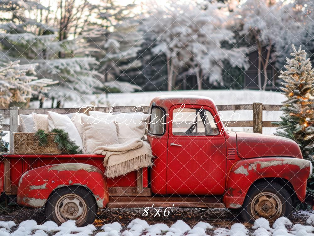 Sfondo Invernale di Natale con Camion Rosso Disegnato da Mini MakeBelieve