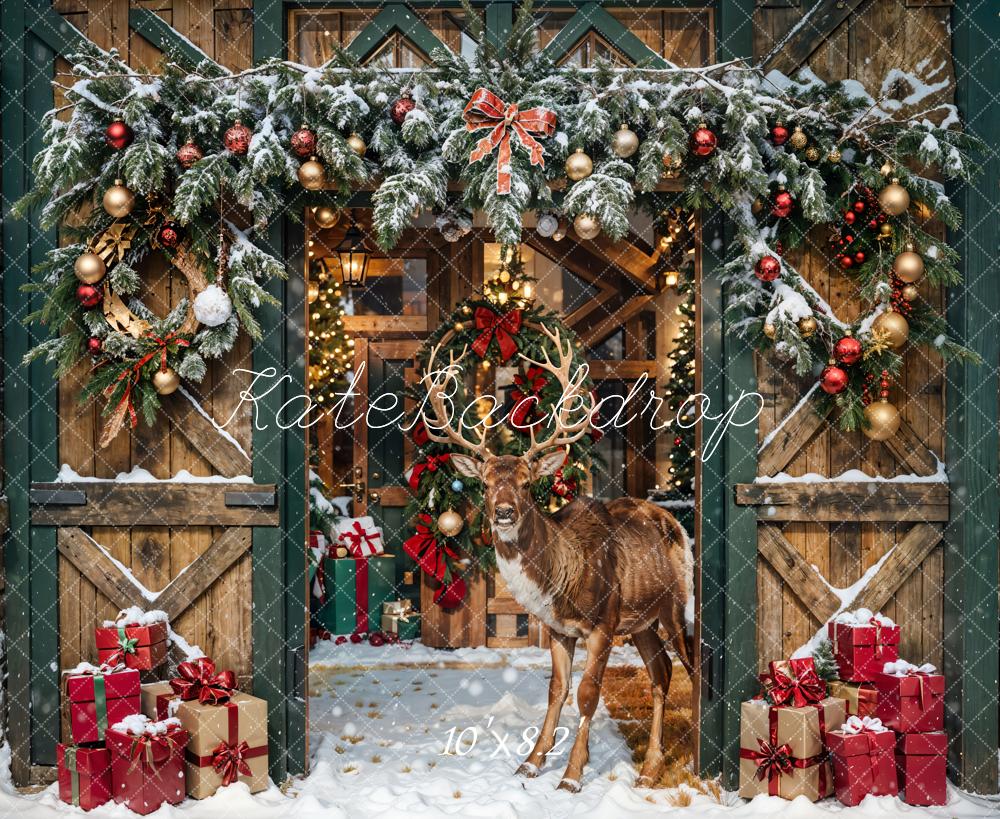 Cervo di Natale Elk Marrone su Sfondo di Fattoria in Legno, Progettato da Chain Photography