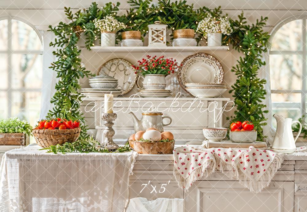 Fondo de cocina blanca navideña con plantas y utensilios de cocina diseñado por Emetselch