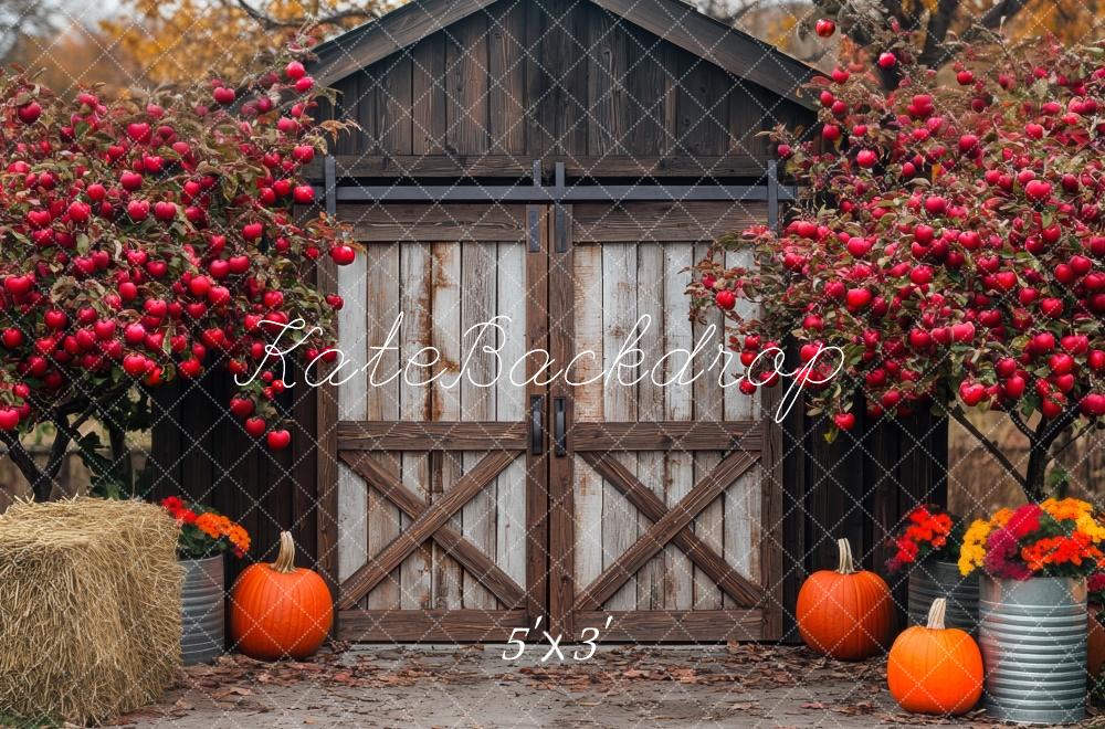 Fall Pumpkin Apple Barn With Wooden Door Foto Achtergrond Designed by Mini MakeBelieve