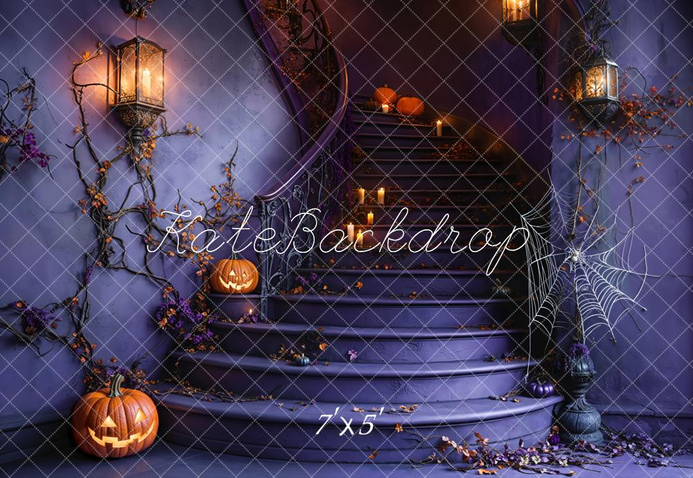 Kate Halloween Staircase Pumpkin Spider Web Backdrop Designed by Emetselch