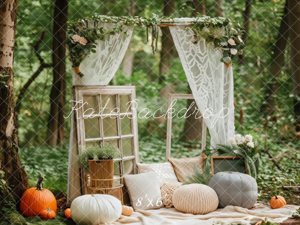 Romantische Boshoek Met Vintage Ramen En Pompoenen Foto Achtergrond Ontworpen door Patty Robert