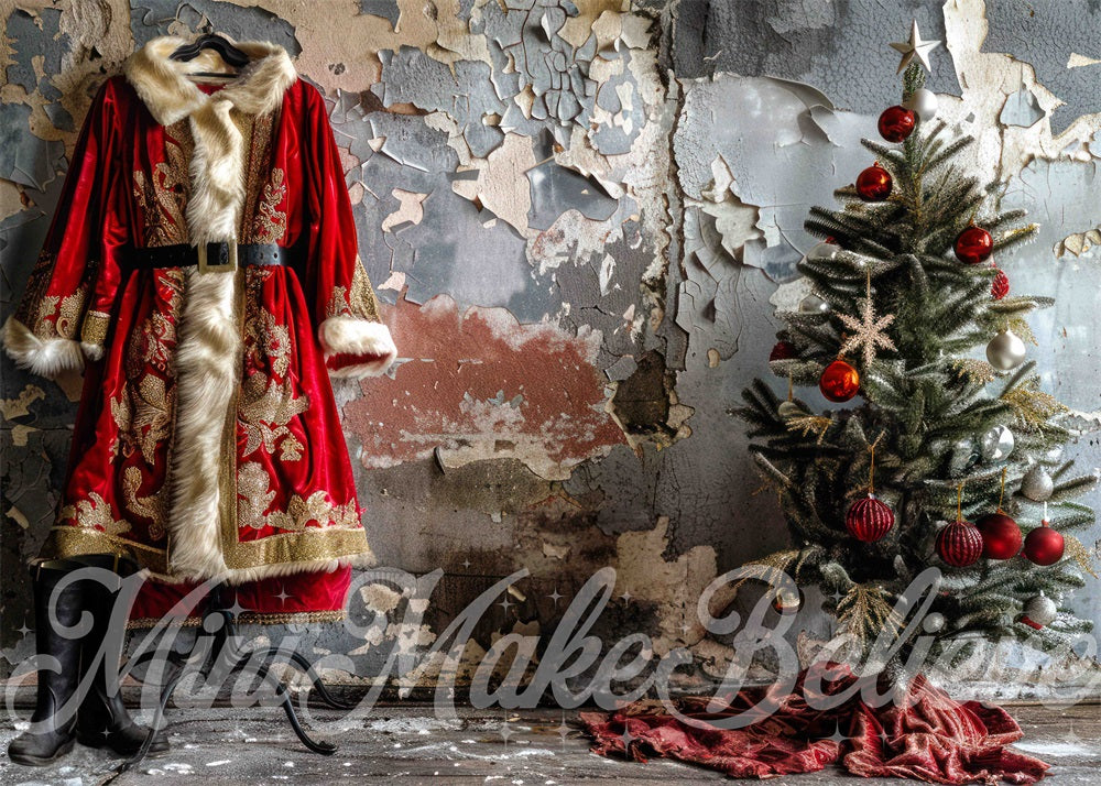 Kerst Interieur Shabby Santa Coat Grijze Wand Foto Achtergrond Designed by Mini MakeBelieve