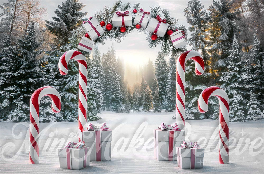 Natale nella foresta di dolciumi e arco di regali, progettato da Mini MakeBelieve