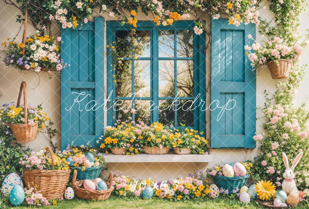 Kate Easter Bunny Floral Blue Window Backdrop Designed by Emetselch