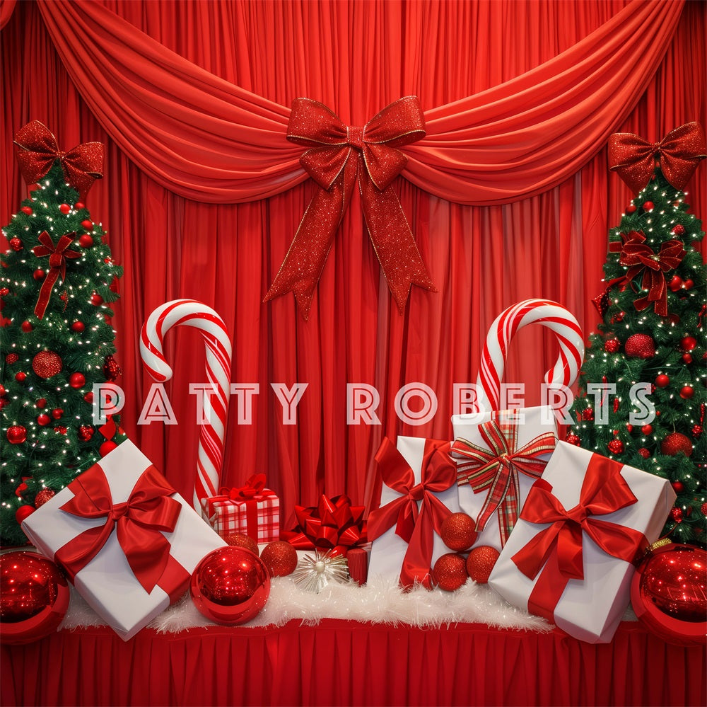 Kate Christmas Tree Red Curtain With Gifts Backdrop Designed by Patty Robert