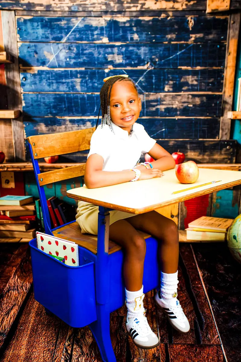 Kate Pet Back to School Bookshelf Dark Brown Wooden Blackboard Backdrop Designed by Emetselch