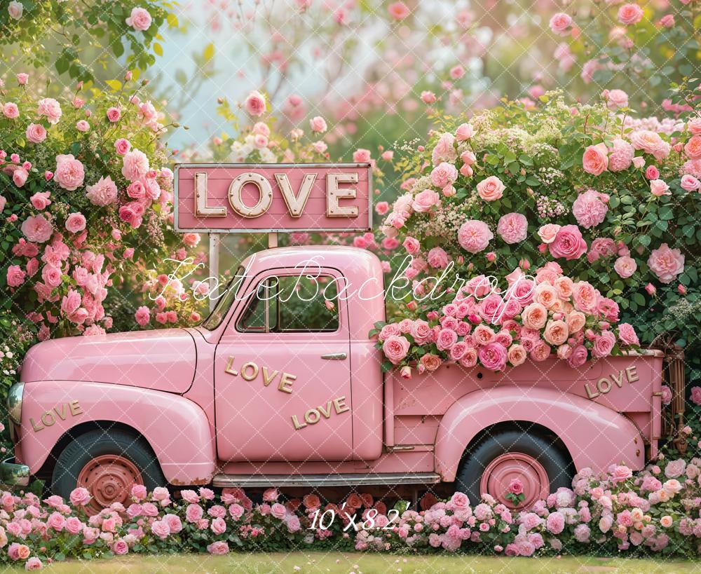 Kate Valentine Pink Truck Love Roses Backdrop Designed by Emetselch