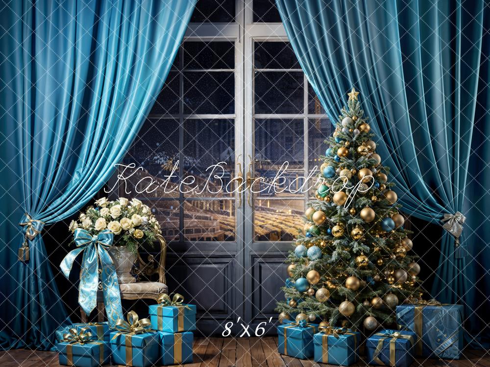 Kate Christmas Tree Sky Blue Curtains Gift Box Backdrop Designed by Emetselch