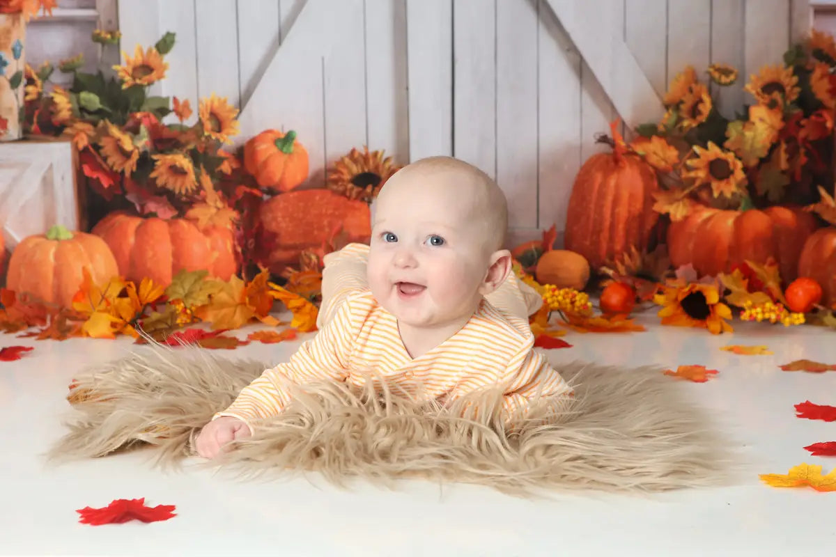 Kate Fall Pumpkin Backdrop White Barn Door Fallen Leaves Designed by Emetselch