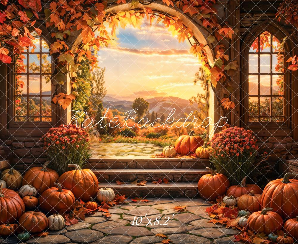 Arco de fondo de calabaza de otoño en el bosque al atardecer diseñado por Emetselch