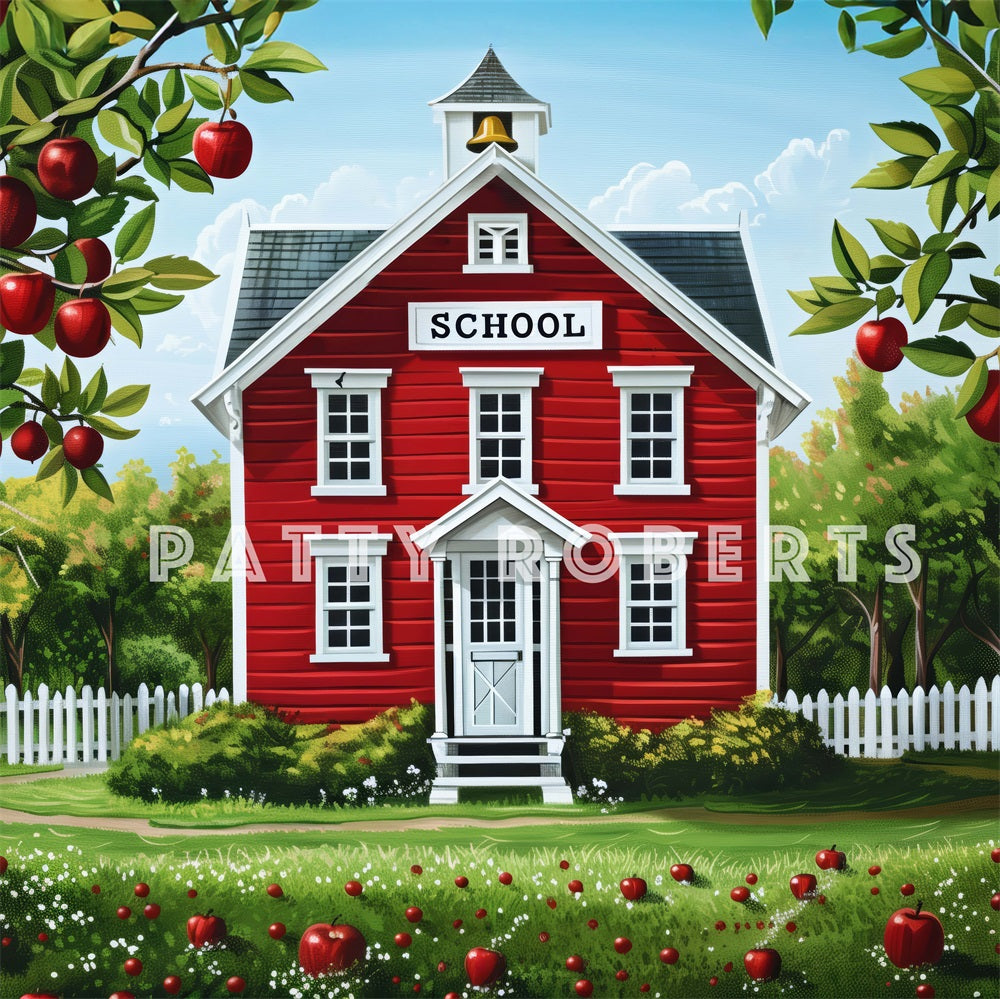 Fondo de escuela de regreso con dibujos animados, casa roja y árbol de manzana diseñado por Patty Robert