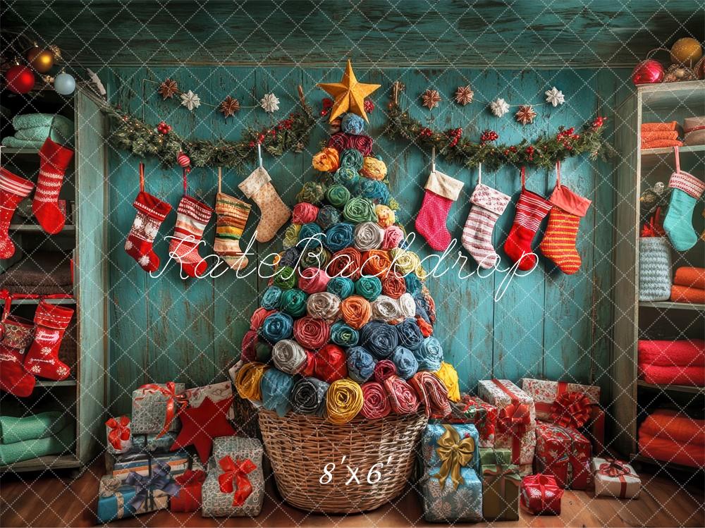 Kate Colorful Christmas Tree And Stockings With Retro Wooden Wall Backdrop Designed by Laura Bybee