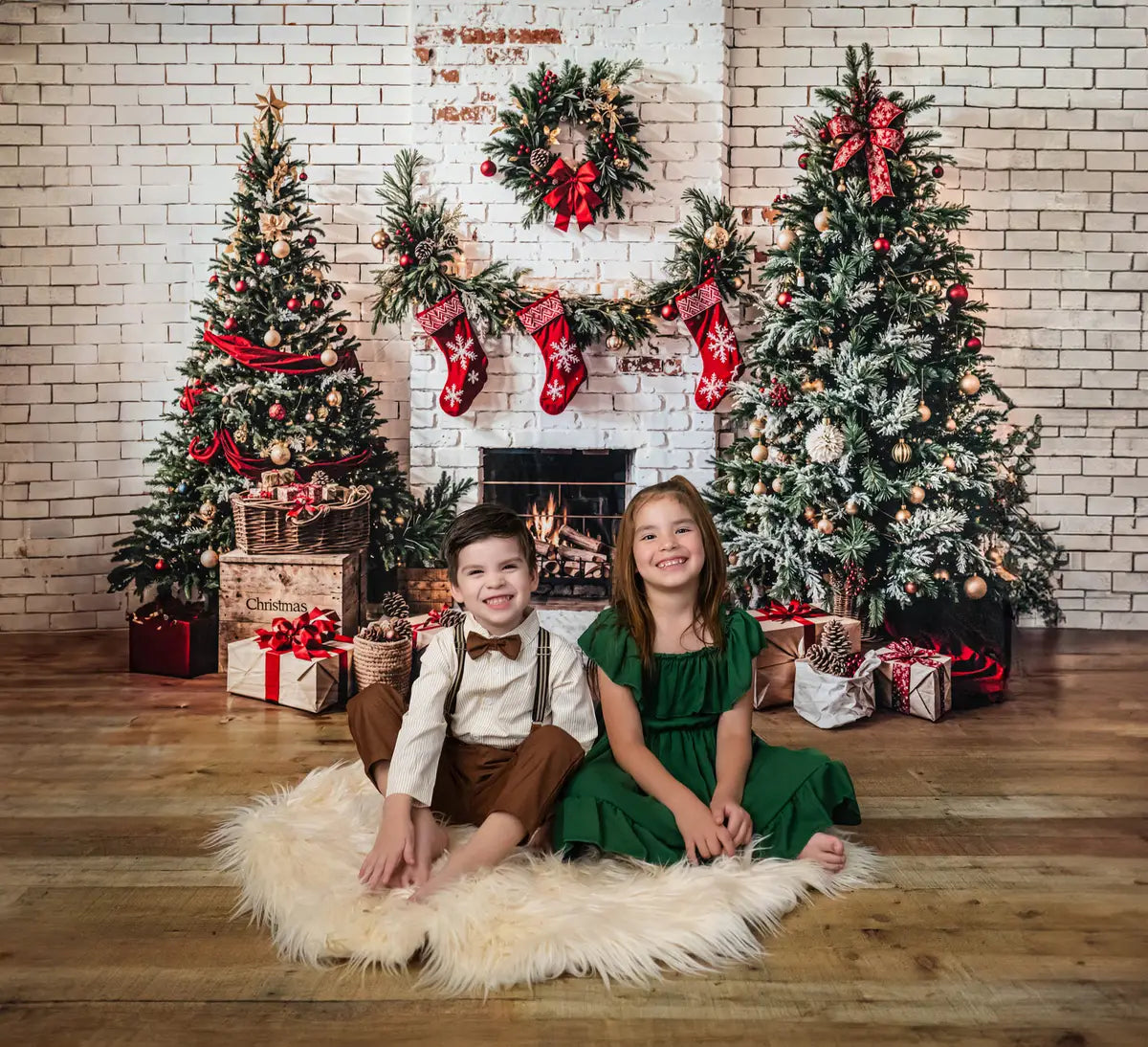 Kate Christmas White Brick Fireplace Backdrop Designed by Emetselch