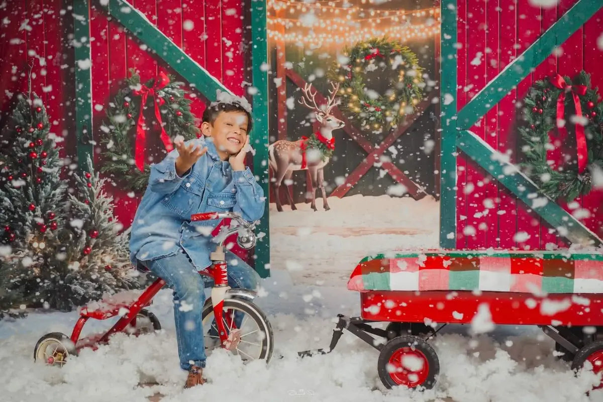 Kate Christmas Elk Red and Green Barn Backdrop Designed by Emetselch