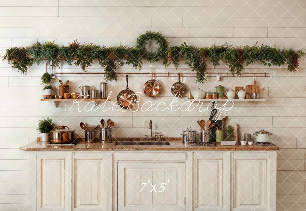 Kate Christmas Kitchen White Cabinets Cookware Backdrop Designed by Emetselch