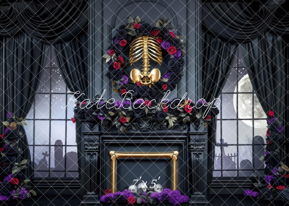 Kate Halloween Skeleton Room Black Curtains Fireplace Backdrop Designed by Mini MakeBelieve