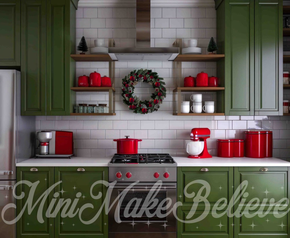 Kate Christmas Vintage Green Kitchen White Brick Wall Backdrop Designed by Mini MakeBelieve