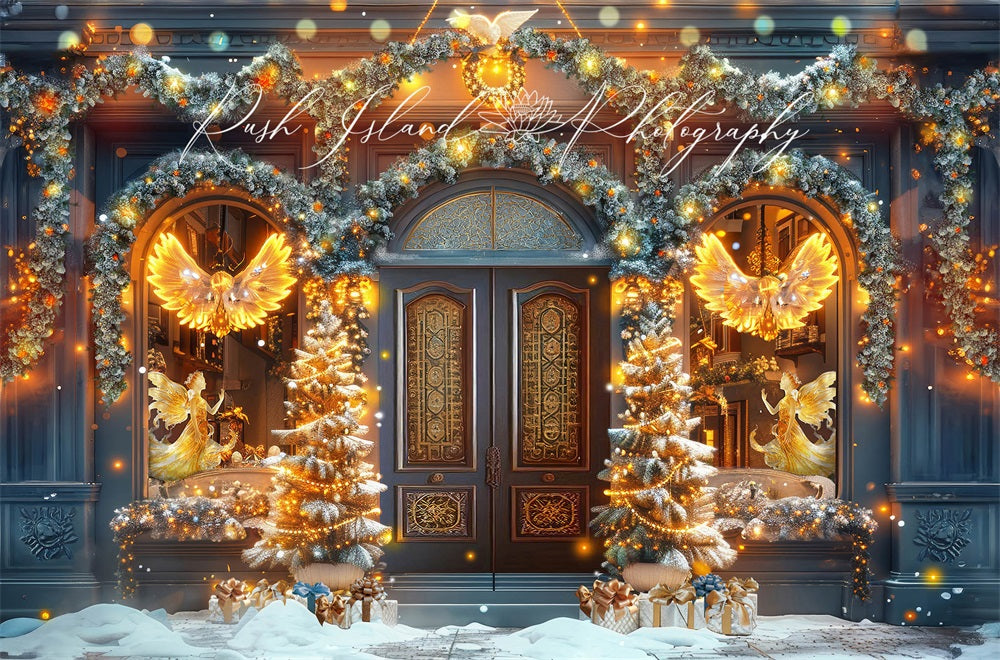 Kate Christmas Golden Angels Shop Retro Door Backdrop Designed by Laura Bybee