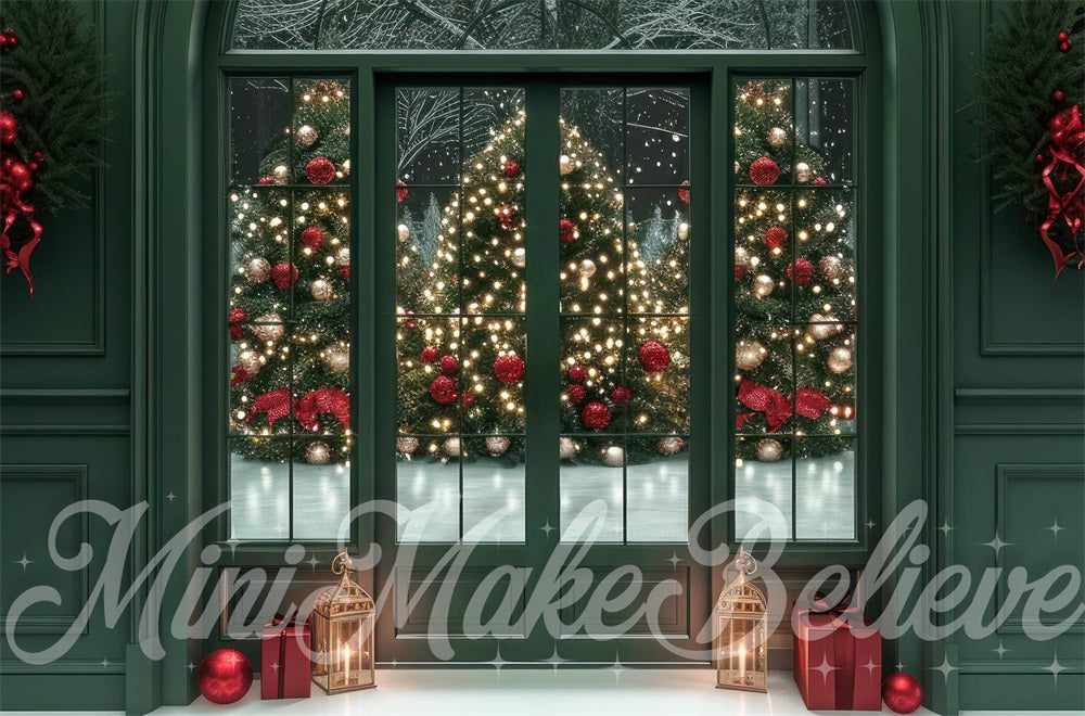 Kerst Vintage Donkergroene Boogvensterachtergrond Ontworpen door Mini MakeBelieve