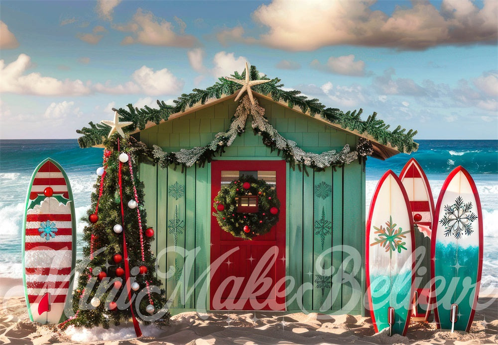 Kerst Zee Strand Groene Surfplank Hut Achtergrond Ontworpen door Mini MakeBelieve