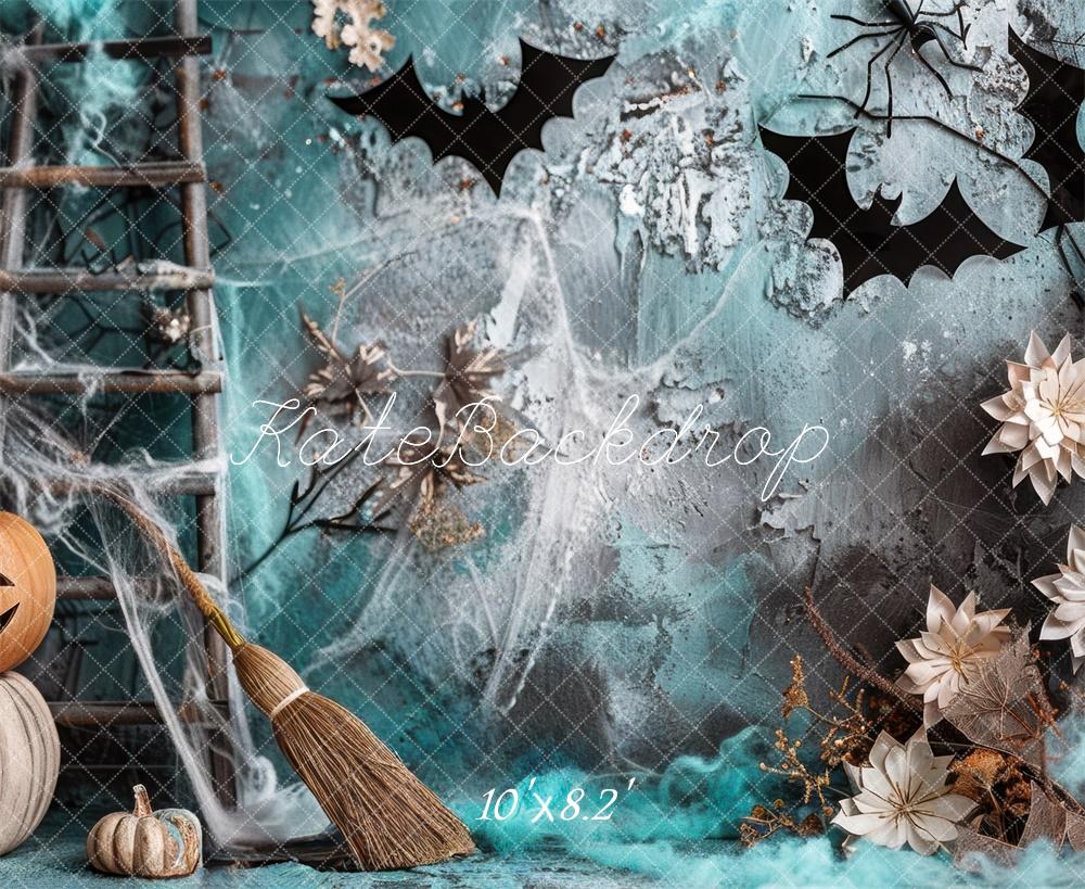 Halloween Spooky Teal Pumpkin Bat Foto Achtergrond Designed by Mini MakeBelieve