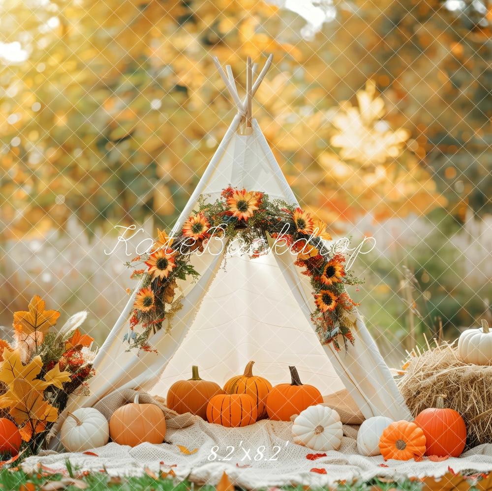 Kate Fall White Teepee Decorated With Pumpkins Backdrop Designed by Patty Robert