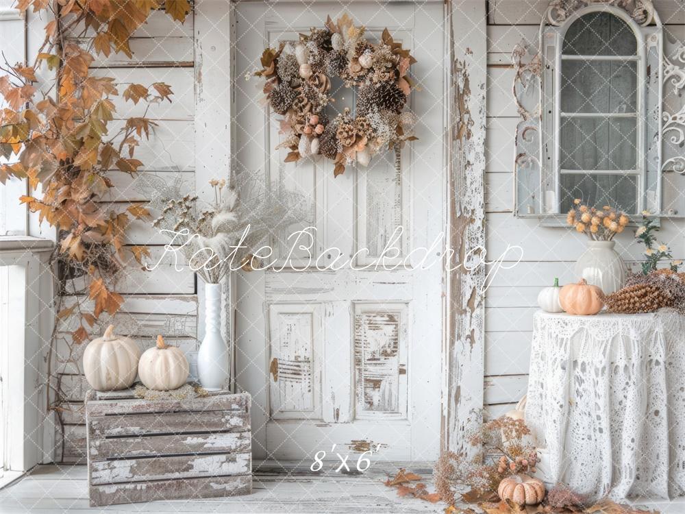 Kate Fall Shabby White Rustic Pumpkins Door Backdrop Designed by Mini MakeBelieve