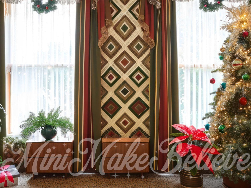 Christmas Vintage Brown  White Plaid Floral Wall Backdrop Designed by Mini MakeBelieve
