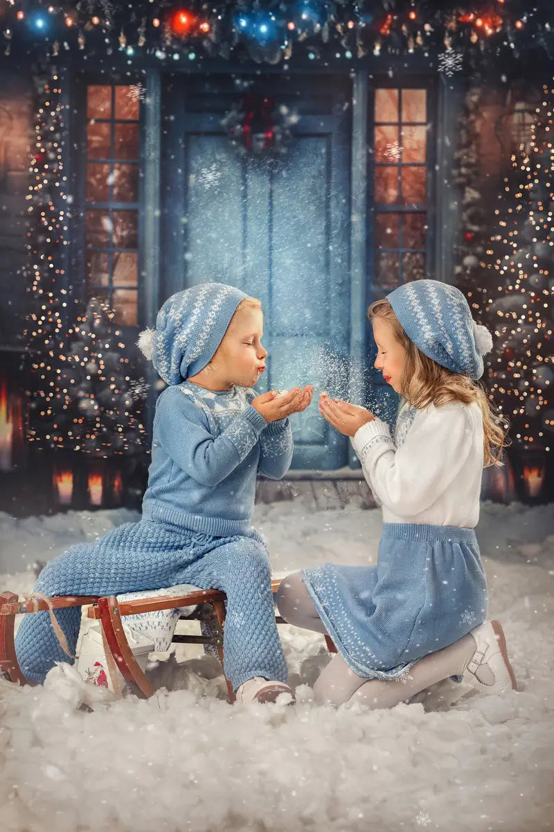 Kate Winter Snowy Blue Door Snowman Backdrop Designed by Chain Photography