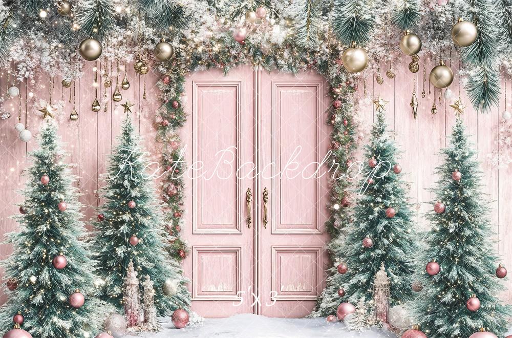 Kate Christmas Tree Pink Door Snowy Backdrop Designed by Lidia Redekopp