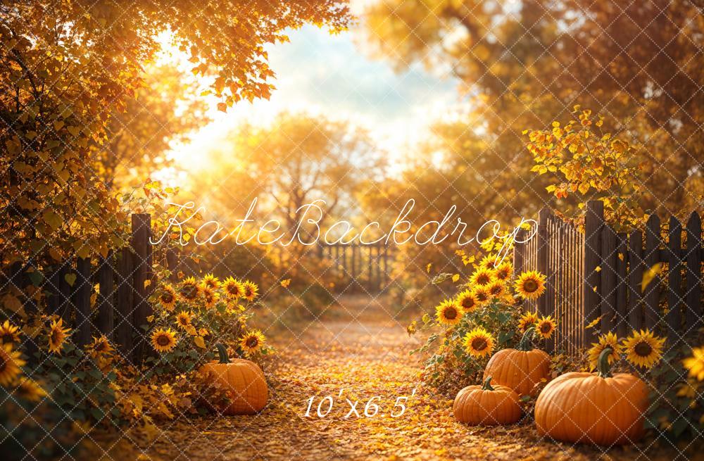 Kate Fall Sunflower Path Maple Leaves Backdrop Designed by Emetselch