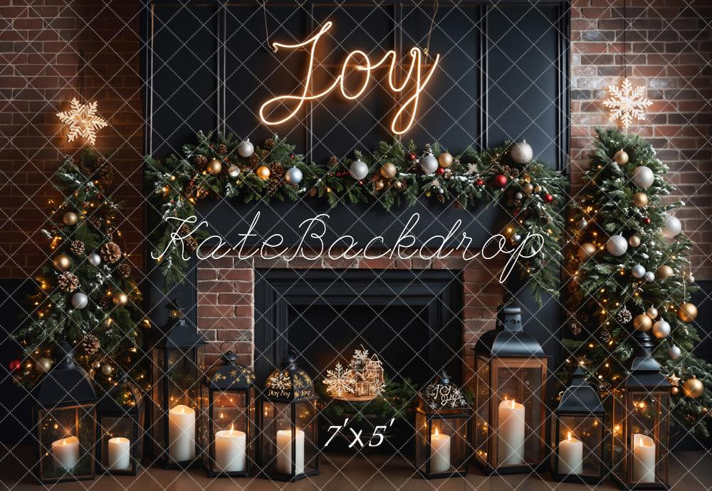 Kate Christmas Joy Sign Brown Brick Fireplace Black Wall Backdrop Designed by Emetselch