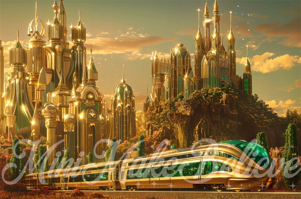 Fantasy Retro Kasteel Groene Gemene Smaragd Moderne Treinachtergrond Ontworpen door Mini MakeBelieve
