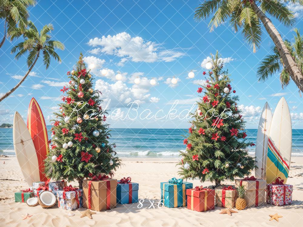 Kate Christmas Tree Sea Beach Surfboard Backdrop Designed by Emetselch