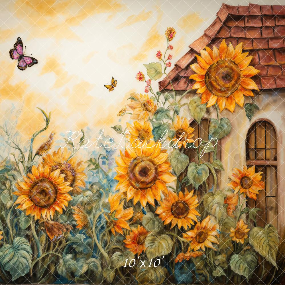 Fantasy Cartoon Watercolor Sunflower Garden House Backdrop Designed by GQ