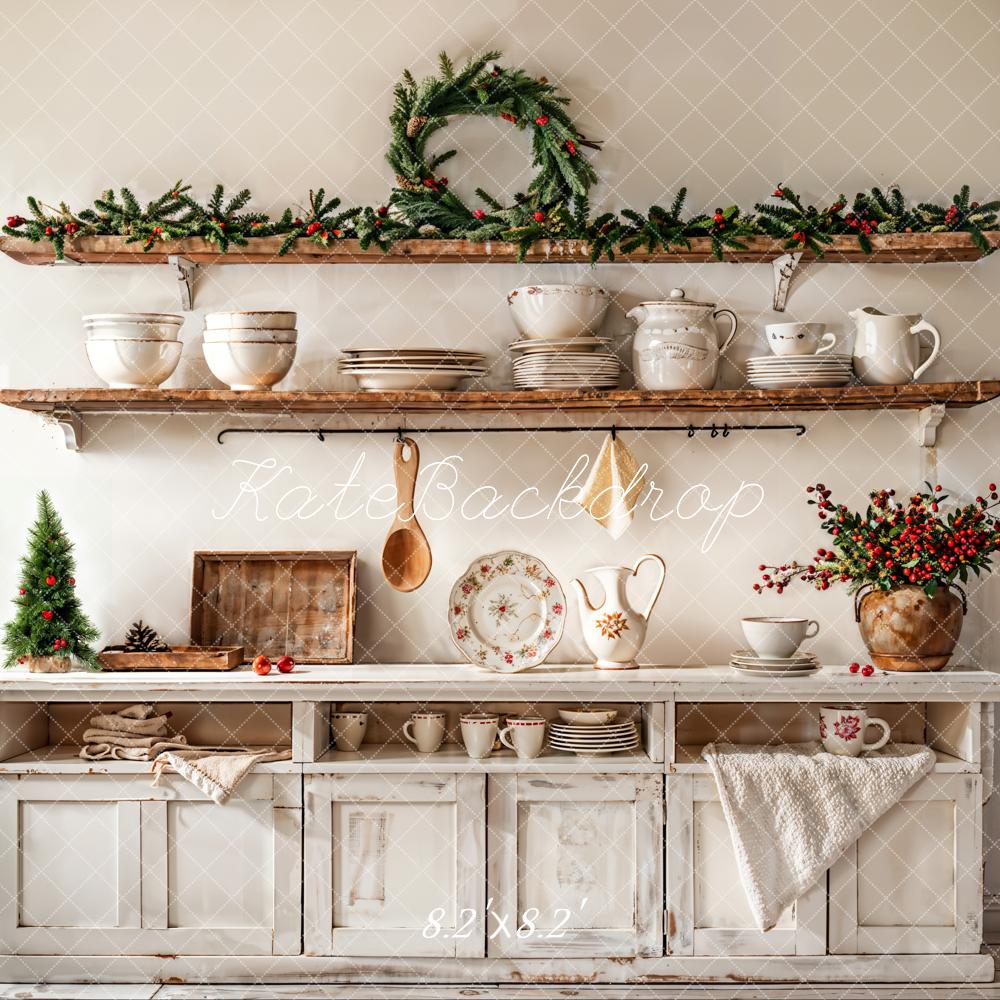 Kate Christmas Kitchen White Cabinet Cutlery Backdrop Designed by Emetselch